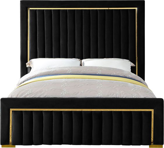 gold trim high headboard velvet upholstery queen size bed.jpg